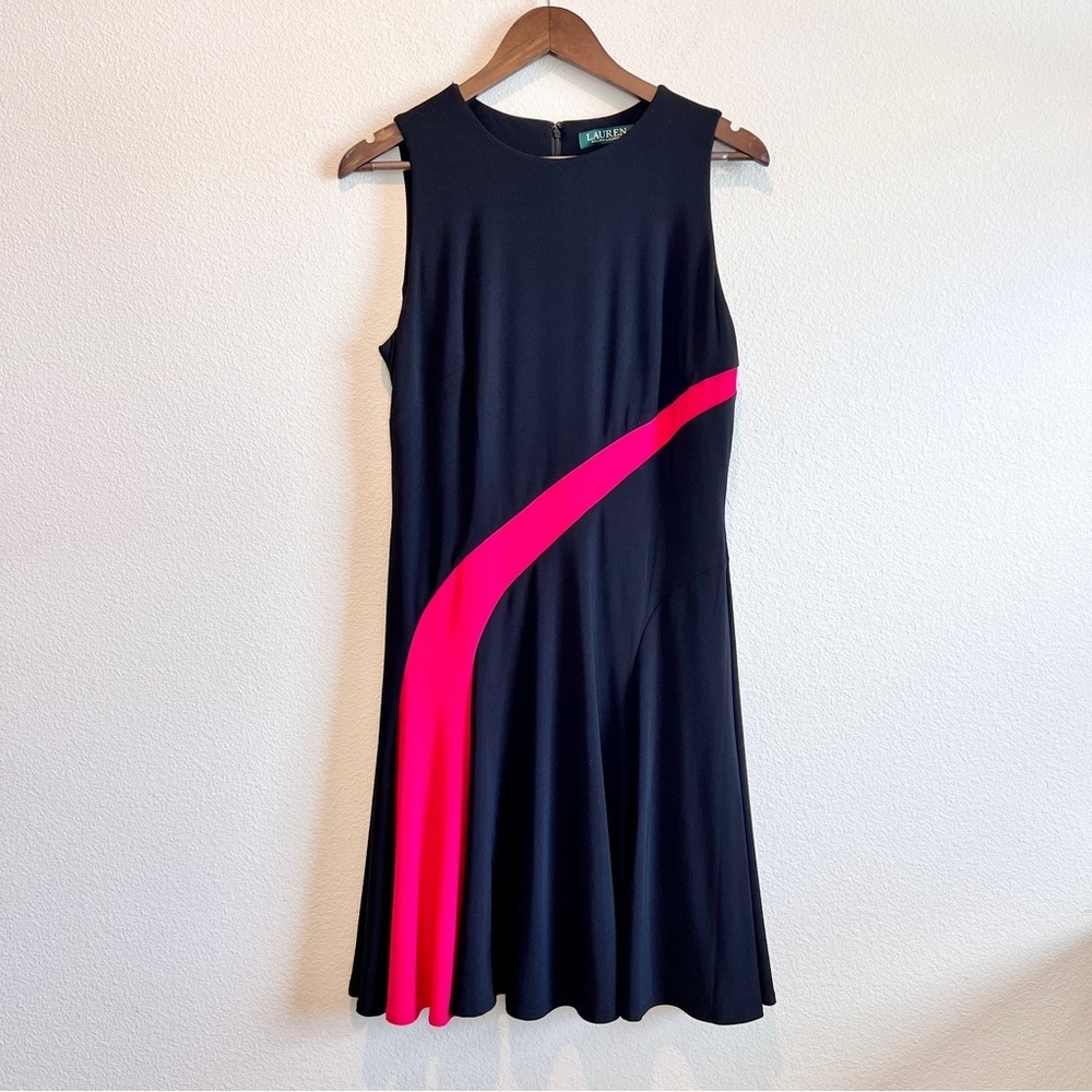 Lauren Ralph Lauren Black Pink Stretch Jersey A-Line Dress Women’s 12 Office